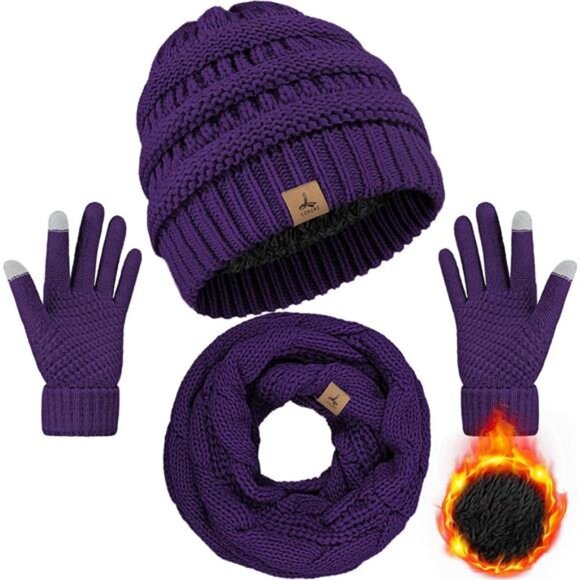Winter Beanie Hat Scarf Gloves Purple - Picture 1 of 1
